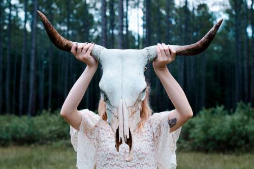Skull Horns Animal Head Woman Girl Forest