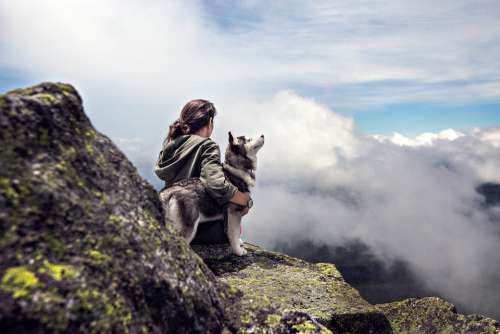 Sky Woman Clouds Girl Rocks Mountain Dog Stones