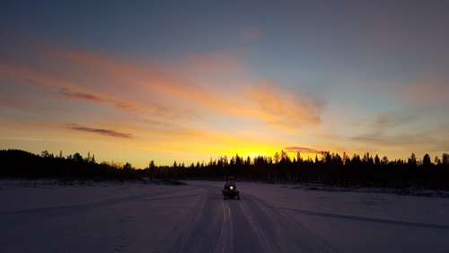 Snowmobile Sunrise Snow Sweden Lapland White