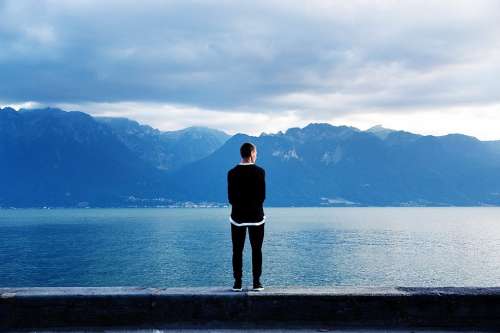 Solitude Man Standing Alone Shore Beach Wall