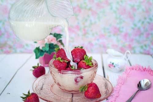 Strawberries Cream Milk Pouring Pour Dessert