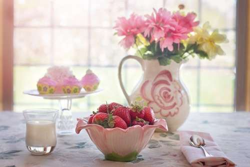Strawberries Bowl Summer Fruit Breakfast Cream