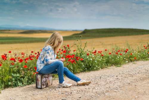 Suitcase Woman Girl Waiting Journey Person