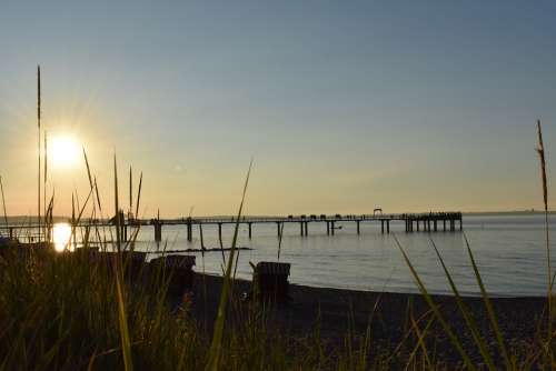 Sun Water Sunset Bridge Baltic Sea