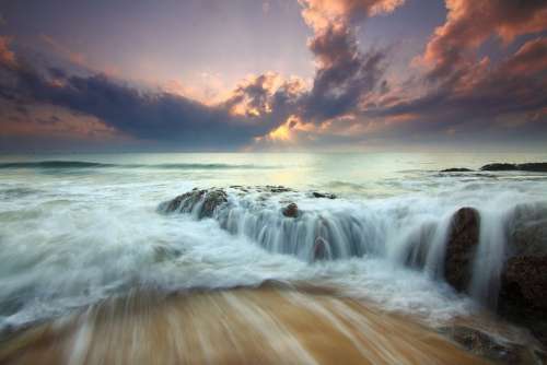 Sunrise Dramatic Ocean Waves Flow Seascape Water