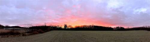 Sunrise Panoramic Field Rural Clouds Sun