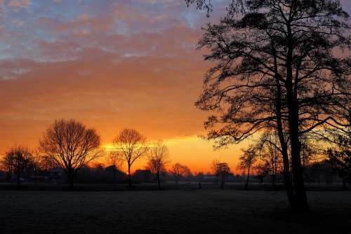 Sunrise Winter Cold Landscape Nature Sky Trees