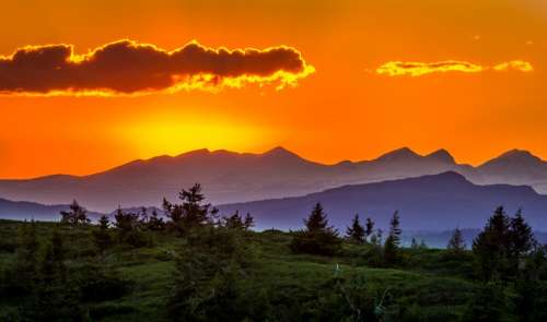 Sunset Trees Landscape Mountains Nature Sun