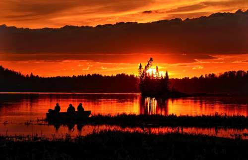 Sunset Evening Twilight Fishermen Clouds Sky Lake