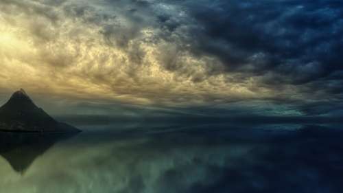 Sunset Ocean Island Mountain Clouds Dramatic Sea