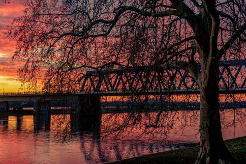 Sunset River Landscape Nature Water Twilight