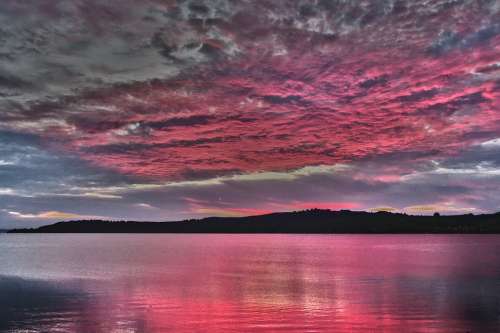 Sunset Lake Reflection Evening Dawn Dusk Clouds