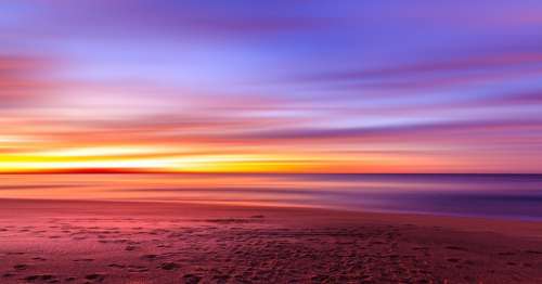 Sunset Purple Sky Beach Sand Shore Water Ocean