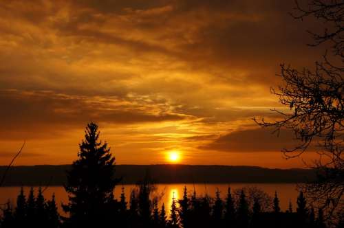 Sunset Orange Sun Sunny Cloud Lake Reflection
