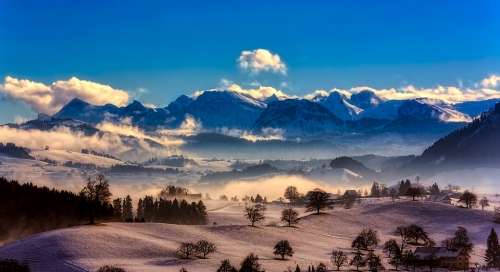 Switzerland Panorama Mountains Landscape Sunrise
