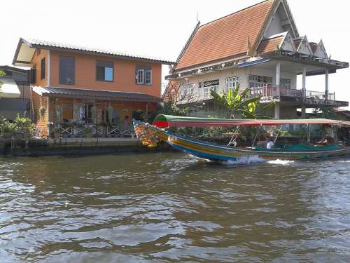 Temple Water River Boat Buddhism Tourism Journey