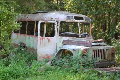 The Abandoned Bus Old Rusty Transport Forest