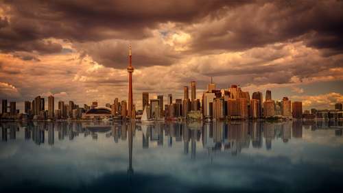 Toronto Skyline Waters Sunset Dawn Reflection