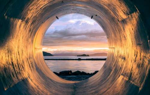 Tube Pipe View Ocean Sea Water Sunset Golden