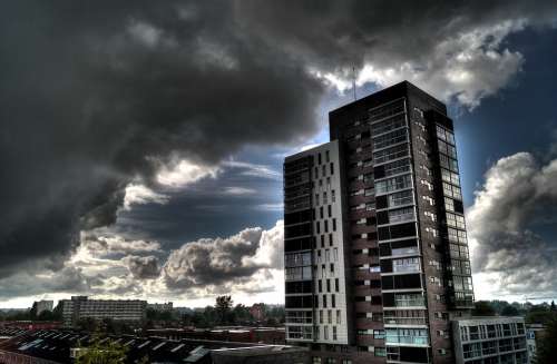 Urban High Rise Clouds Weather Storm Sunrays Sky