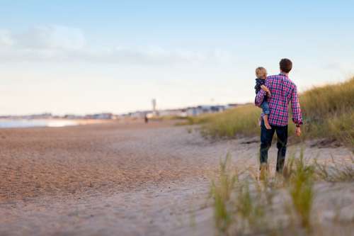 Walking Beach Family Together Father Son Parent