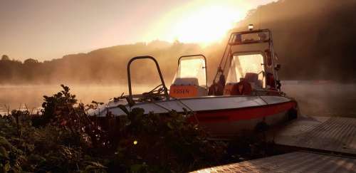 Water Rescue Dlrg Boat Lifeboat Lake Sunrise Fog