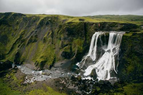 Waterfalls Cliff Iceland Grass Landscape Nature