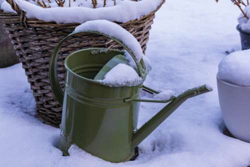 Watering Can Snow Green White Winter Cold Season