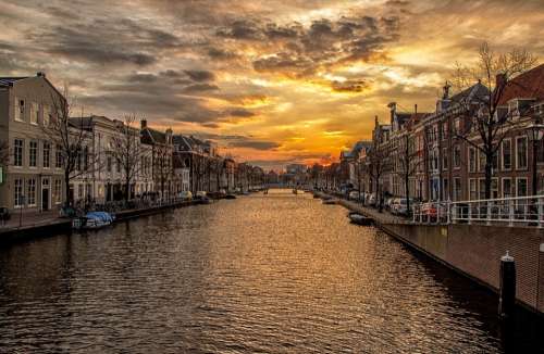 Waterway Channel Holland Houses Sunset Water