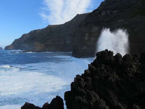 Wave Spray Motion Volcanic Rock Cliffs Sea Ocean