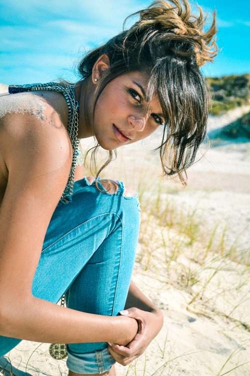Woman Beach Female Jeans Blue Sand Summer