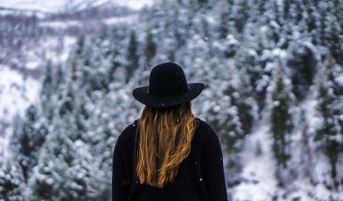 Woman Forest Black Hat Jacket Cold Snow Winter