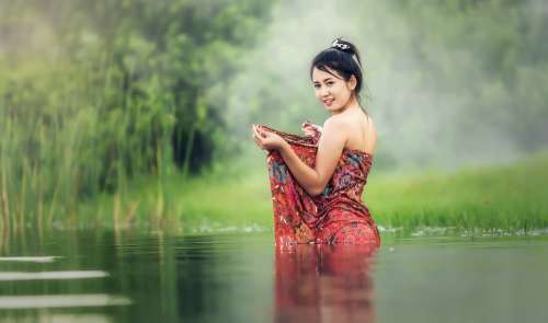 Woman Washing Vietnam Asia Young Beauliful River