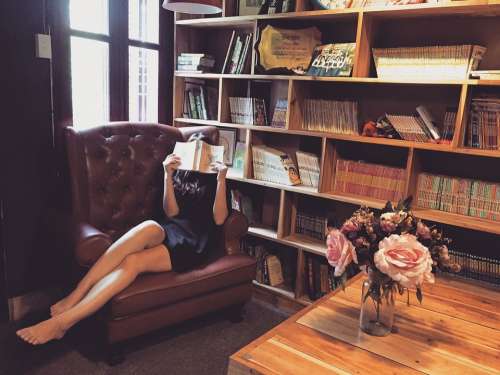 Woman Reading Couch Books Girl Library Shelves