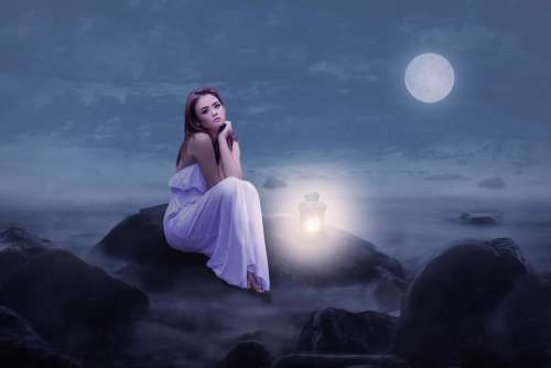 Woman Beauty Sit Rock Lantern Light Moonlight