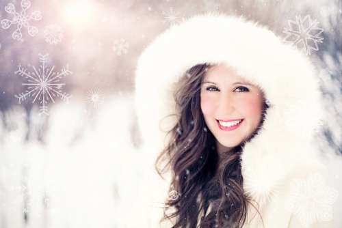 Woman Snow Winter Portrait Snowflakes Smiling