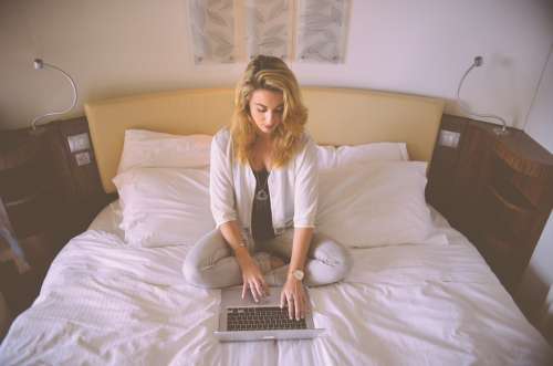 Woman Working Bed Laptop Typing Female