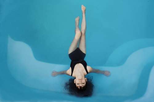 Woman Swimsuit Pool Relaxing Aerial View Summer