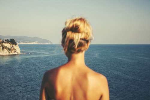 Woman Back Blonde Looking Water Ocean Female