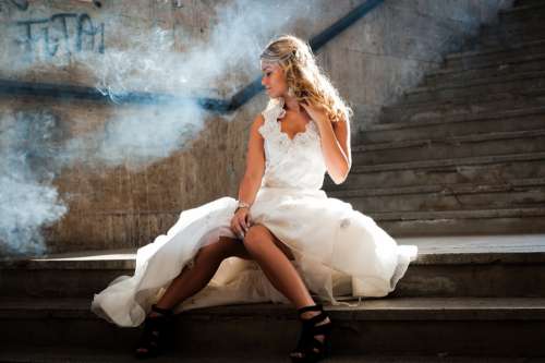 Woman White Dress Bride Sitting Stairs Model