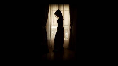 Woman Silhouette Standing Window Scene Posed