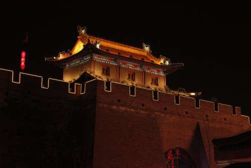 Xi'An Night View Old Town House Temple China Asia