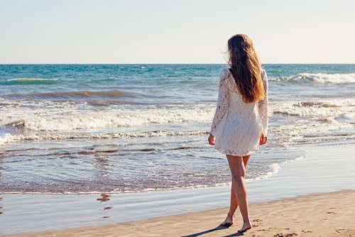 Young Woman Woman Sea Ocean White Dress Beach