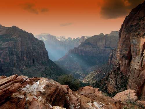 Zion Park Utah Mountains Landscape Scenic Sunset