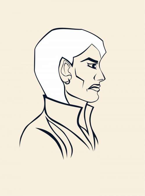 Beautiful evil young woman. Angry facial expression. Jacket with a high collar. Portrait in profile made in graphic linear style. Vector simple image.
