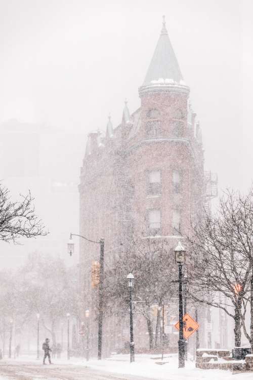 Historic Building In Snow Storm Photo