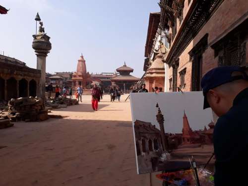 Painting Asia artwork Nepal pagoda