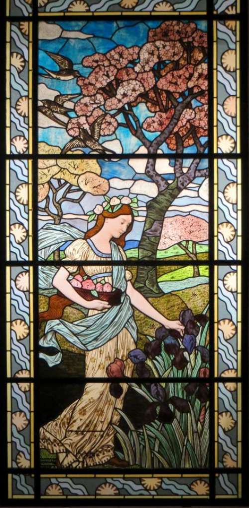 stained glass woman maiden Art Nouveau window