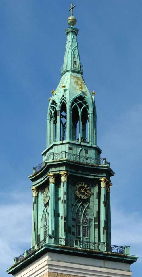 tower steeple blue-green green architecture