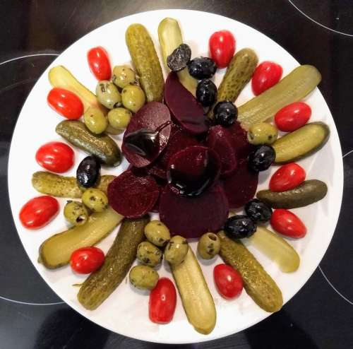 savory salad gherkins tomatoes olives